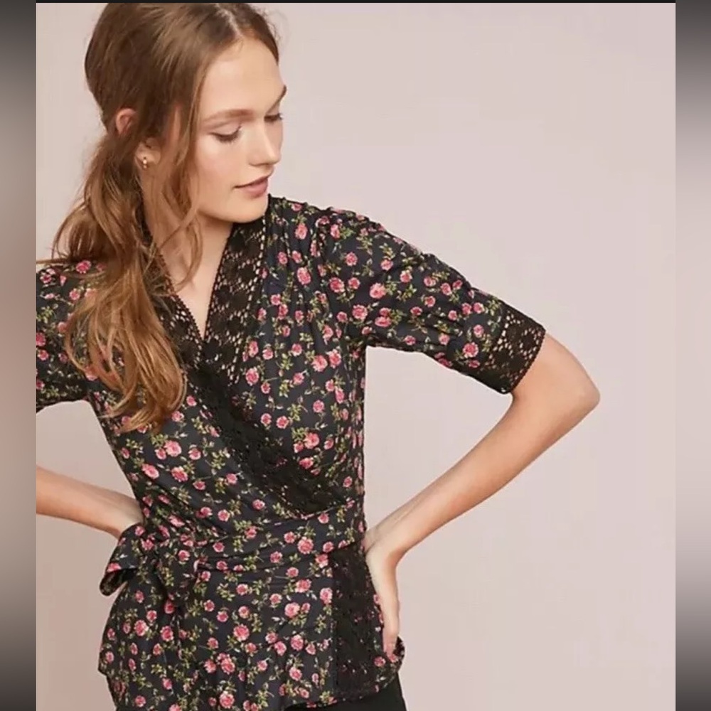 Anthropologie Black Floral Lace-Trim Wrap Blouse with Pink Roses